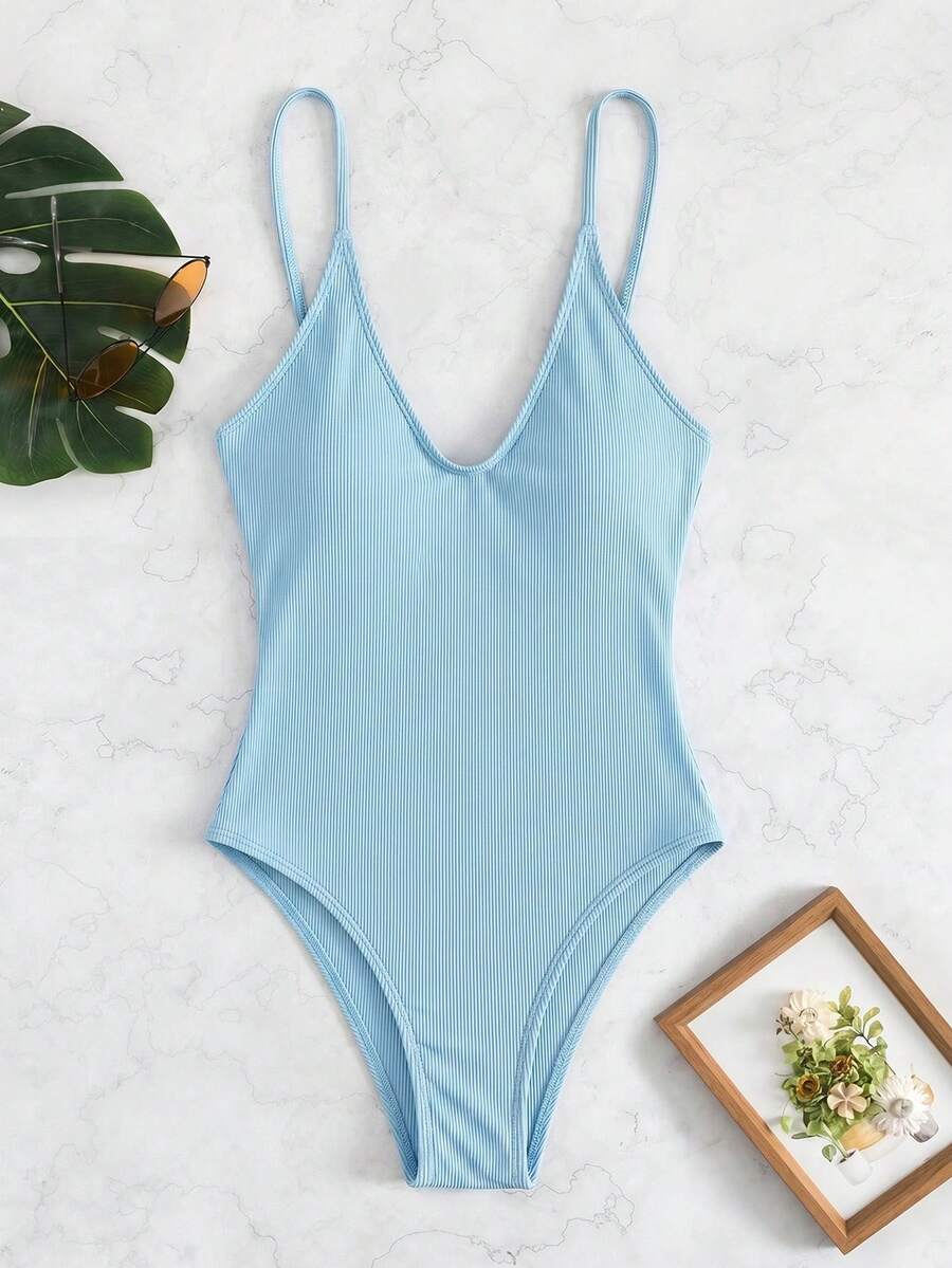 SHEIN Swim 度假海灘純色一件式泳衣 - 淺藍色 - 查看 1