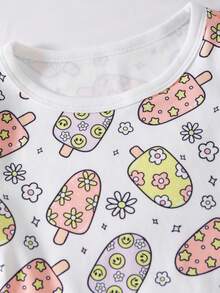 1 Set Girls Ice Cream And Floral Print Fitted Pajamas, Short Sleeve Top And Shorts, Spring/Summer Style - White - View 7