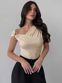 Firerie Spring/Summer Elegant Asymmetric Shoulder Cross Wrap Metal Trim Decor Cinched Waist Pleated Floral Beige Slim Fit Bodycon T-Shirt Bodysuit Brunch - Khaki - View 9
