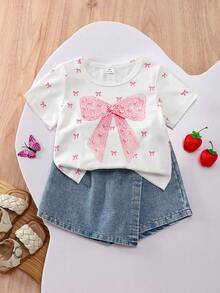 SHEIN Playful Pals 返校季女童休閒可愛圓領標準肩蝴蝶結印花T恤與素色牛仔裙褲套裝，適合夏季、日常外出、居家及聚會 - 白色 - 查看 5