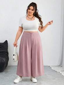 SHEIN CURVE+ 大码女装春夏时尚休闲宽松舒适日常百搭修身弹力腰褶裥杏色裤/裙，大码女装下装，夏季套装，工作裤，简约风格，大码杏色阔腿裤 - 粉色 - 查看 5