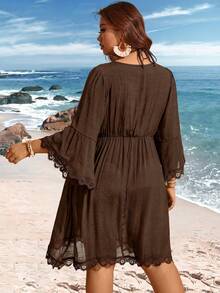 Swim Lushoire V-Neck Lace Patchwork Flare Sleeve Plus Size Cover-Up - Coffee Brown - View 2