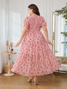 Modelyn Vestido largo de línea A con mangas abullonadas de gasa con estampado floral, talla grande, ajuste regular, primavera/verano - Rosa Pálido - Ver 2