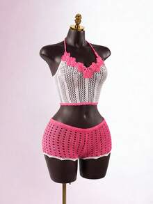 SaltGleam SaltGleam Ensemble 2 pièces sexy sexy tricot ajouré avec top camisole floral 3D et pantalon - Rose bonbon - Voir 4