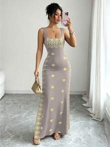 SHEIN Raffinéa 女款亮面淺灰色夏季洋裝，方領細肩帶飾飾露背開衩修身高腰顯瘦裙，適合派對晚餐性感穿搭 - 藕粉色 - 查看 6