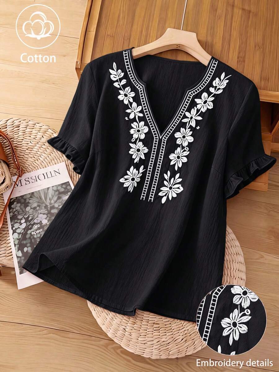 Blus Linhara Plus Size Wanita Gaya Pastoral Minimalis Kasual Leher V Kecil, Katun Bordir Terposisi Modis dengan Manset Berkerut Longgar - Hitam - View 1