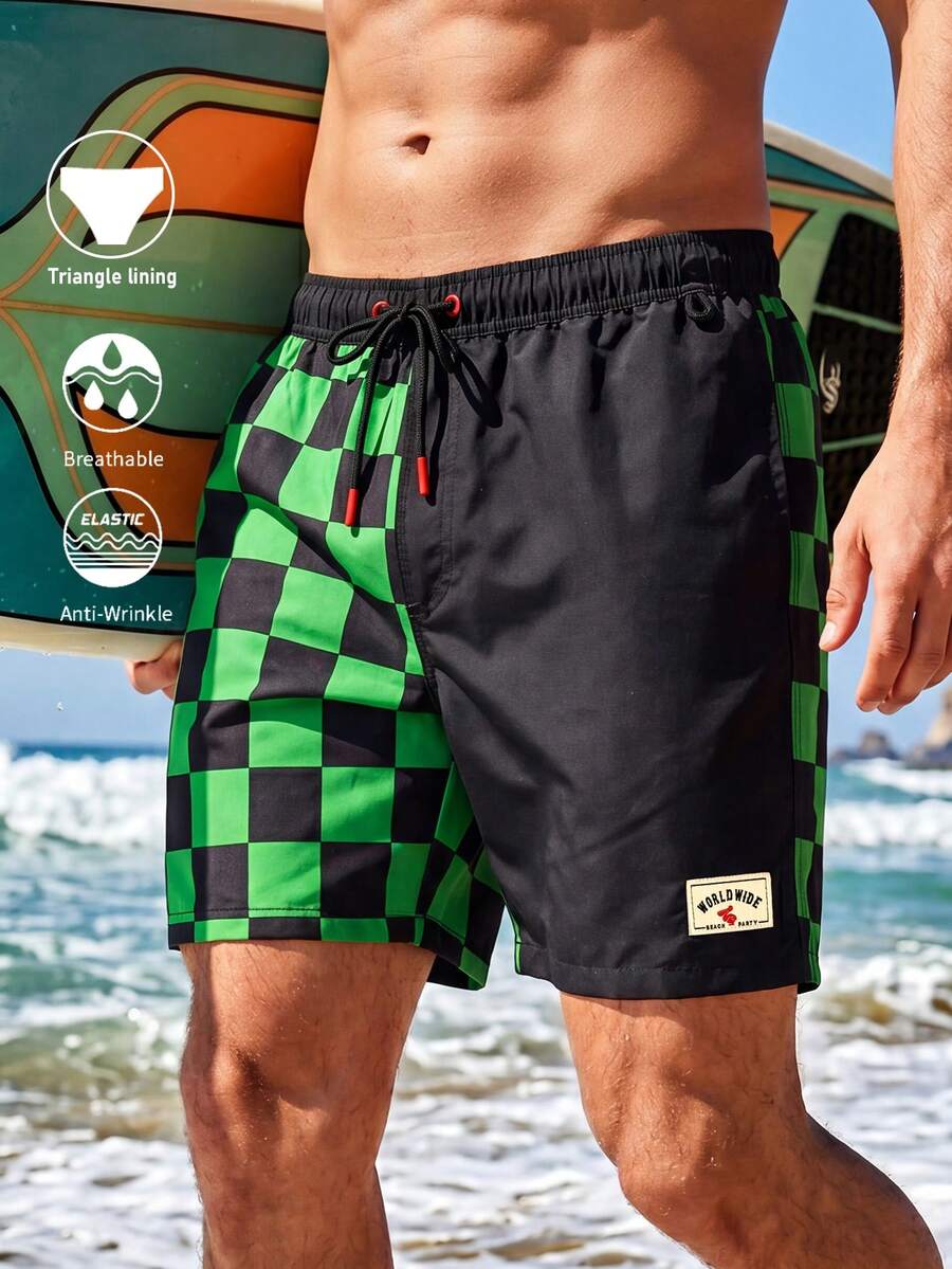 Manfinity KASUA Men's Checkered Print Drawstring Waist Beach Shorts - Green - View 1