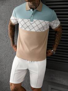 Manfinity CasualCool 男士几何印花短袖 Polo 衫和短裤休闲套装 - 白色 - 查看 4