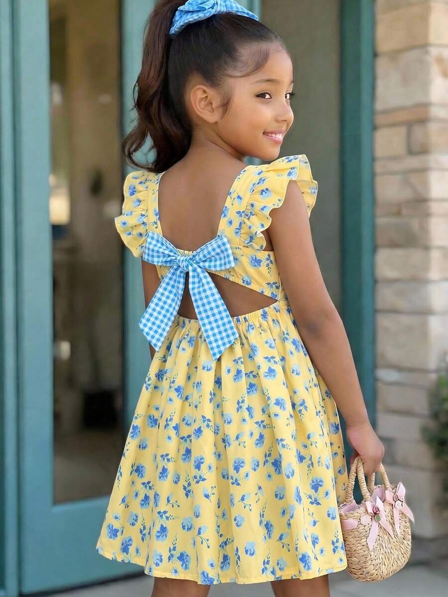Young Girl Casual Daily Cute Lemon Print Flutter Sleeve Back Bow A-Line Dress Suitable For Vacation Young Girl - Multicolor - View 1