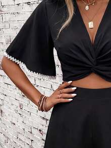 SHEIN Clasi Plus Size Women's Knot Design Ruffle Sleeve Shirt And Shorts 2 Pieces Set - Black - View 5