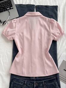 Sweetra 時尚百搭刺繡V領修身梭織夏季女款襯衫 - 粉色 - 查看 2
