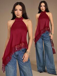 SHEIN PETITE 女款蕾絲飾邊掛脖休閒百搭日常外出上衣 - 紅色 - 查看 8