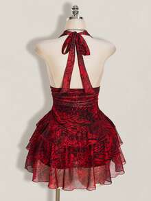 SHEIN ICON Plus Size Women's Leopard & Zebra Print Pleated Sexy Halter Neck Dress For Date And Party - Red - View 2