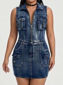 ROMWE Y2K Vestido de mezclilla ajustado mini con cintura ceñida y versátil para tallas grandes - Azul - Ver 2