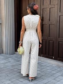 SHEIN Frenchy Women's Polka Dot Pattern Overlap V-Neck Sleeveless Elegant Jumpsuit - Multicolor - View 4