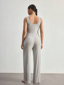 Ocili Comfortable Minimalist Sleeveless Pants Shell Button Pajama Set, Baby Pink Women Loungewear - Grey - View 2