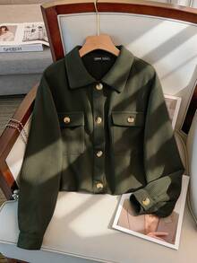 EMERY ROSE Casual Solid Color Cropped Jacket, Versatile For Commuting, Autumn Green Jacket Crop Jacket - Army Green - View 7