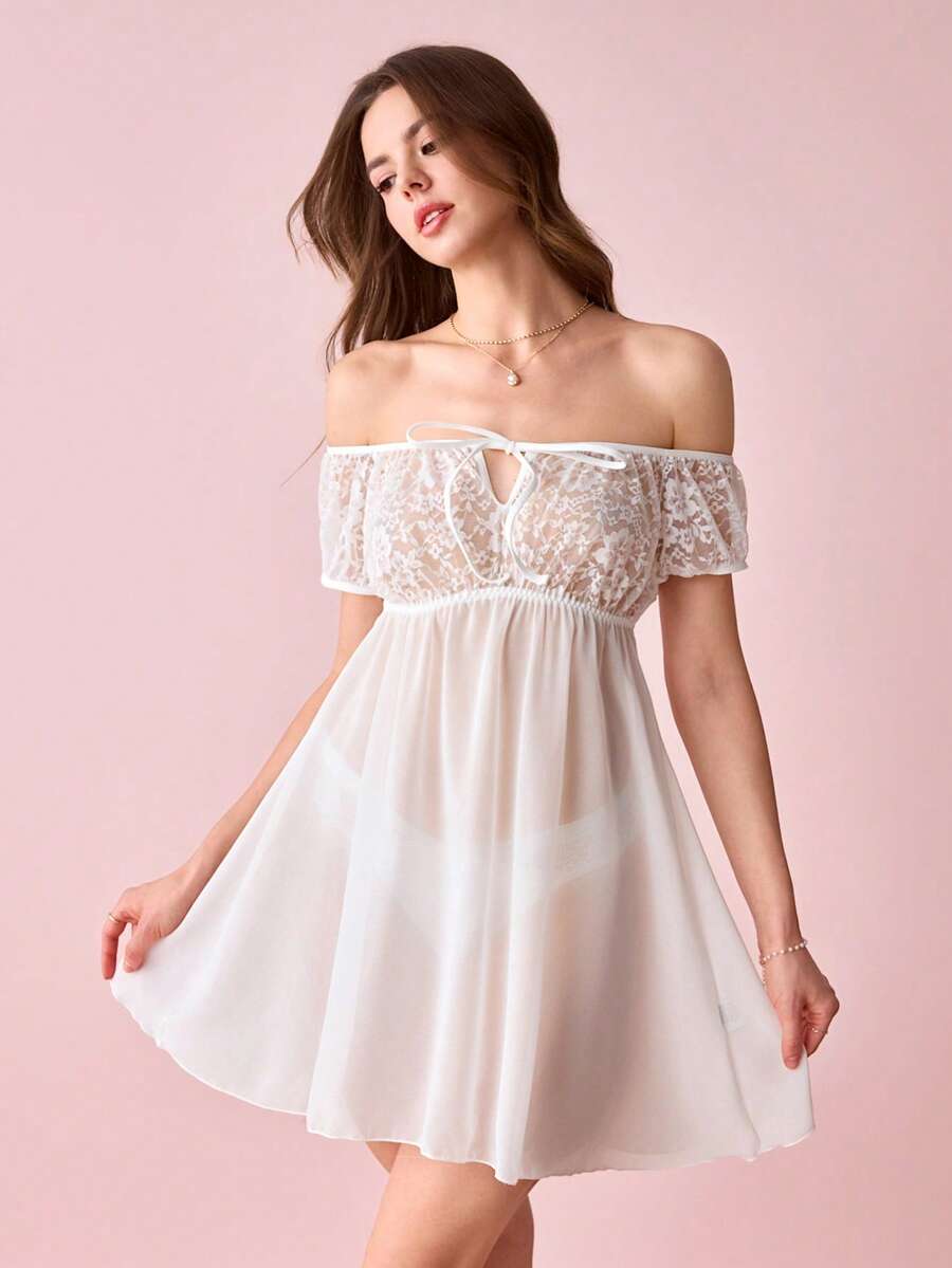 Bonmuse 女士白色薄纱休闲睡裙,适合春夏家居服穿着 - 白色 - 查看 1