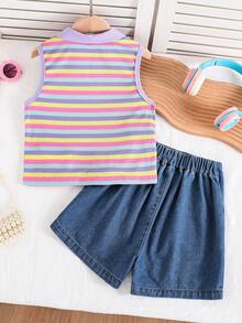 SHEIN Tween Girls 2pcs/Set Summer New Knit Textured Striped Fabric Contrast Color Polo Collar Clip-On Patchwork Front 3D Embroidered Patch Decor - Purple - View 3