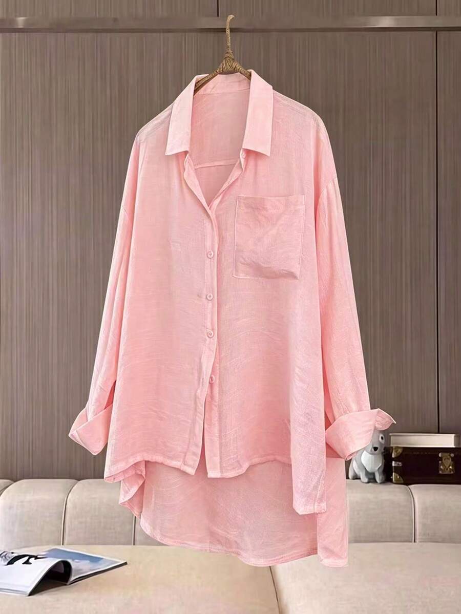 Franclia Plus Size Women's Solid Color Single-Breasted Casual Versatile Daily Outing Shirt Fall - Pink - View 1