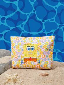 SpongeBob SquarePants | SHEIN 1個卡通印花燈芯絨拉鍊化妝包，輕便多功能內襯化妝收納袋 - 波點 - 查看 3