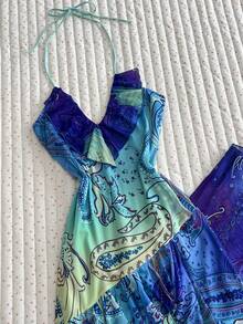 Noixe Women's All-Over Print Ruffle Halter Neck Casual Tropical Sexy Party Holiday Vacation Short Dress Purple Summer - Multicolor - View 4