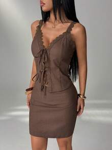 SHEIN PETITE 2026 Women's Spring/Summer Resort Collection: New Casual, Minimalist, Street-Style, Vintage-Inspired Brown Lace-Panel Cami Top And Skirt Set. Perfect For Home, Outings, The Beach, Fashion-Forward Looks, Casual Wear, Commuting, Vacations, Formal Occasions ,Petite Women - Brown - View 7
