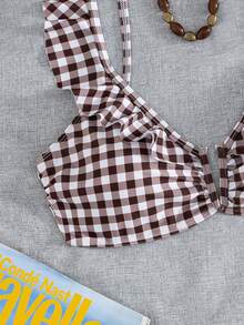 Swim Basics 新款歐美女款性感老錢風可愛時尚極簡純色荷葉邊抓褶深V露背綁帶上衣，海灘泳池派對棕色條紋 - 棕色 - 查看 6
