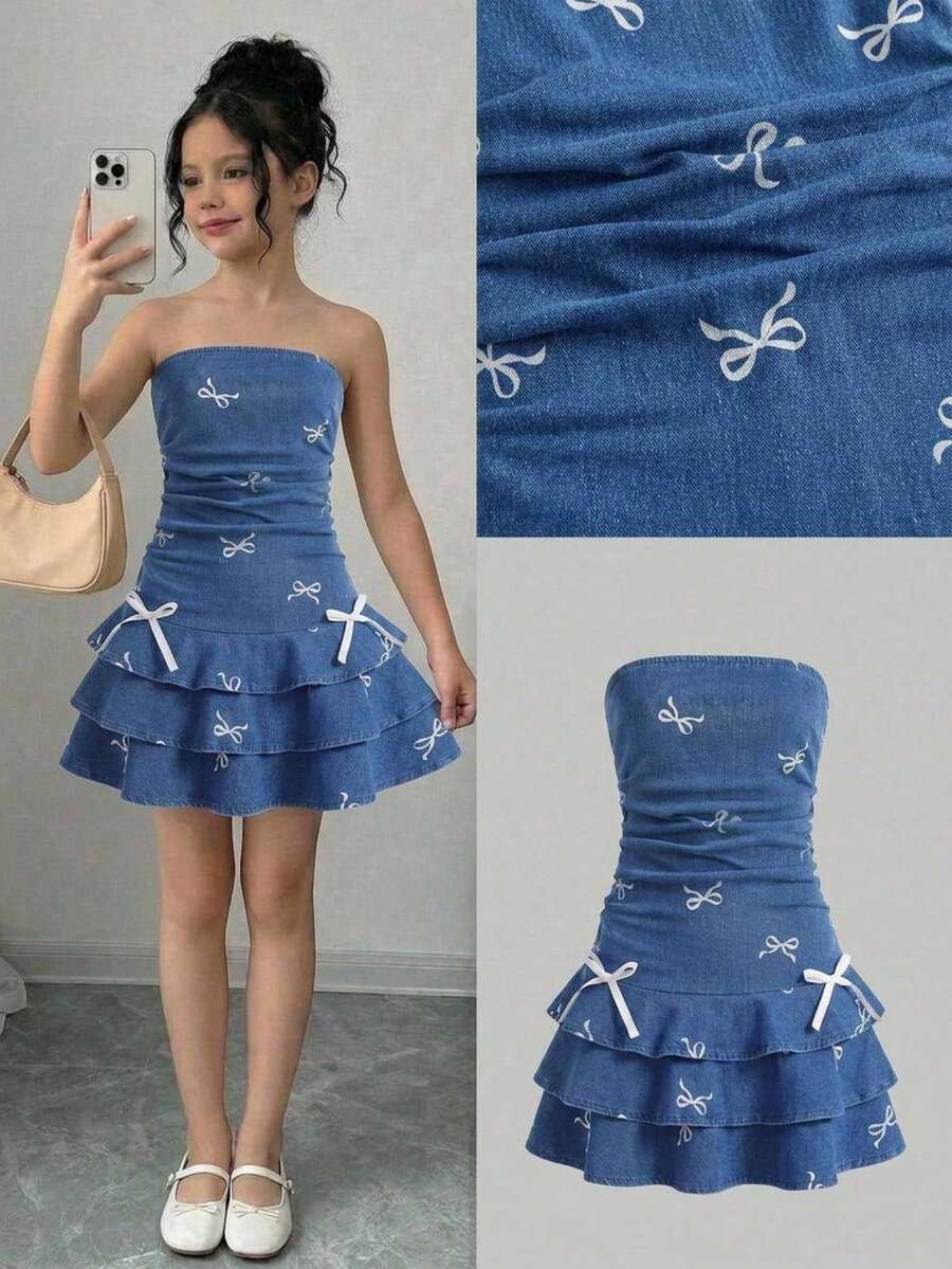 SHEIN Girlism Tween Girls Y2K Stonewashed Snug Fit Dress With Layer And Bowknot Detailed - Blue - View 1