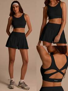 Fluxe Women's Solid Color Backless Round Neck Summer Sports Bra Top - Black - View 8