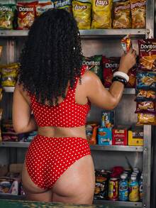 Swim Mod Plus Size Women's Polka Dot Print Cropped Tank Top And Bikini Bottom Swimwear Set For Beach Vacation - Red - View 4