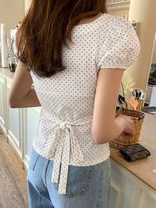 DAZY Women's Solid Color Fitted Short Sleeve Blouse With Puff Sleeves, Pink, Spring/Summer - Apricot - View 2