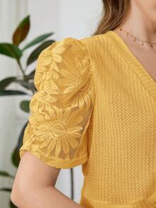 SHEIN Clasi 女款素色蕾絲拼接薄款外套 - 黃色 - 查看 4