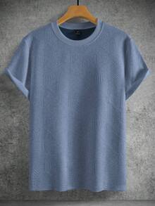 Manfinity CasualCool Men's Geometric Embossed Short Sleeve Crew Neck T-Shirt,Aqua Blue,Summer,Casual,Work,Comfortable Geometric Texture Simple Versatile Tee For Vacation - Dusty Blue - View 3