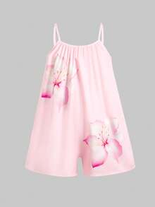 SHEIN Tween Girl 寬鬆休閒無袖花卉印花中長版連身褲 - 白色 - 查看 5