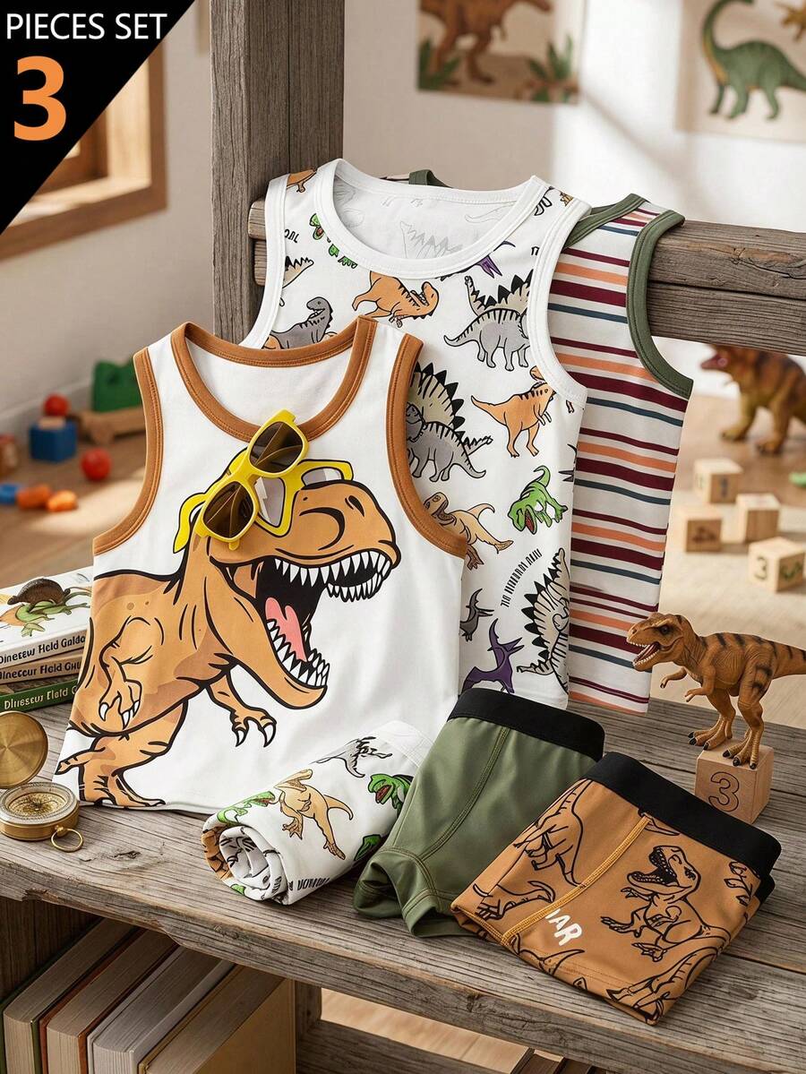 SHEIN 6件組男童幼童休閒內衣，印有動作英雄漫畫角色圖案，鮮豔藍白黑紅配色搭配對比紅邊設計，打造時尚造型，適合夏季穿著，採用親膚光滑材質，輕量舒適，適合日常穿著，包含內搭上衣與四角內褲 - 彩色 - 查看 1