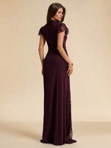 SHEIN BAE Women's Burgundy Semi-High Neck Short Sleeve Lace Inset Patchwork Elegant Dress Formal Banquet Dinner Date Birthday Autumn - Purple - View 2