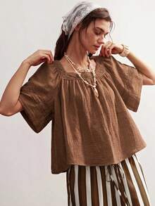 Bohemela Casual Solid Color Woven Loose Fit Women's Shirt - Brown - View 4