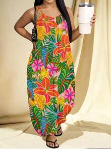 Slaydiva Casual Tropical Rainforest Leaf Print Plus Size Women's Apricot Camisole Jumpsuit Suitable For Spring And Summer - Multicolor - View 9