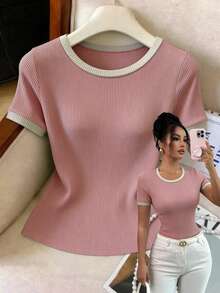 Elenzga Women's Summer Casual Daily Commute Ribbed Knit Contrast Trim Short Sleeve T-Shirt Date Pink And White - Pink - View 5
