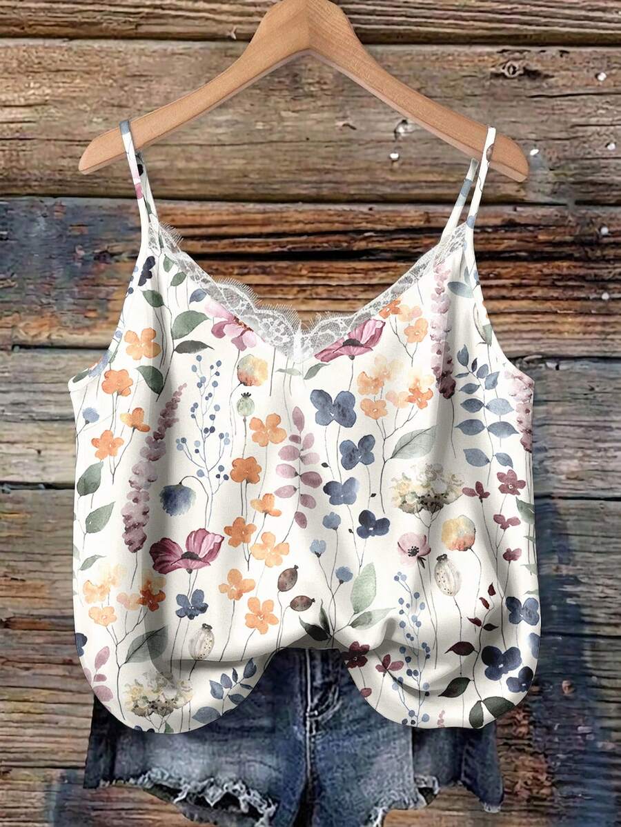 Mellowie Watercolor Floral Plus Size Women's Contrast Lace Camisole Tank Top - Multicolor - View 1