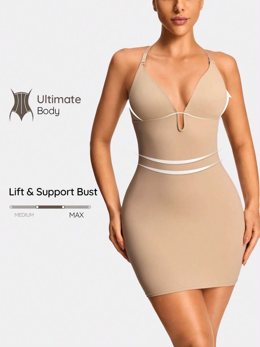 SHAPORA Đầm ôm body đơn giản màu trơn dây mảnh chéo lưng cho nữ - Màu Khaki - Xem 1