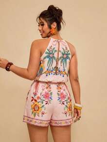 Travachic Plus Size Women's Tropical Palm Tree Print Romper - Multicolor - View 2