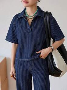Dazy-Less 女士条纹短袖T恤和纽扣口袋牛仔裤套装，春夏款 - 藍色 - 查看 4