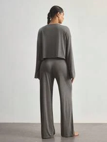 Ocili 2件套舒适柔软竹纤维针织圆领长袖上衣和裤子女士睡衣套装，夏季 - 深灰色 - 查看 2