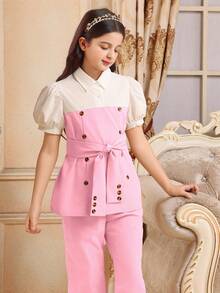 Conjunto de 2 piezas de camisa y pantalones de color block elegante para niñas preadolescentes, verano - Rosa - Ver 7
