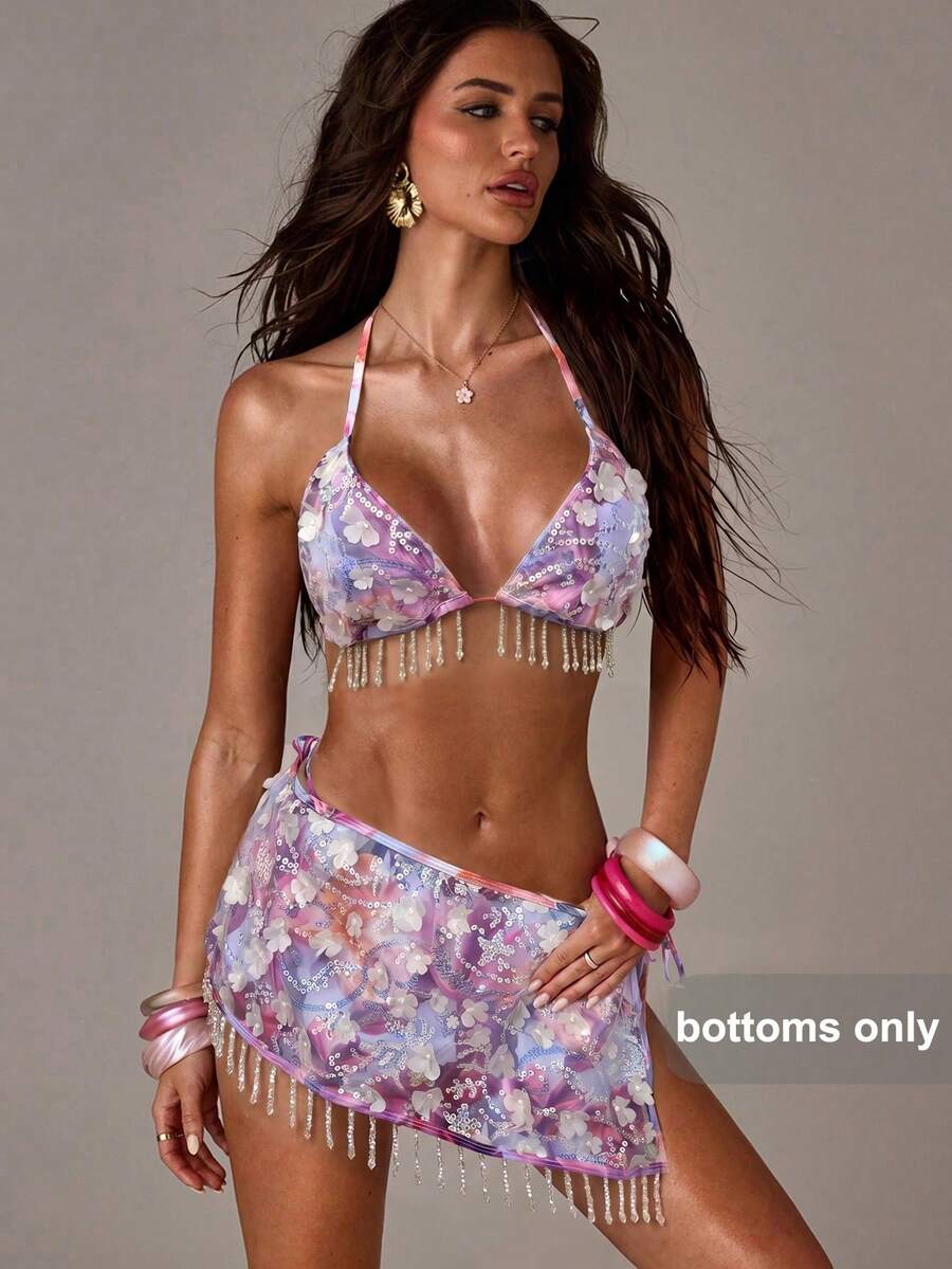 SHEIN BAE 女款一件式珠飾網紗亮片粉色海灘罩衫 - 淺灰紫 - 查看 1