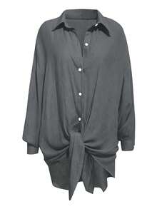 INAWLY Plus Size Women's Solid Color Long Sleeve Single Breasted Loose Casual Long Shirt - Grey - View 3