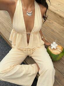 SHEIN EZwear 鵝黃色條紋編織女款休閒套裝 - 鵝黃色 - 查看 5