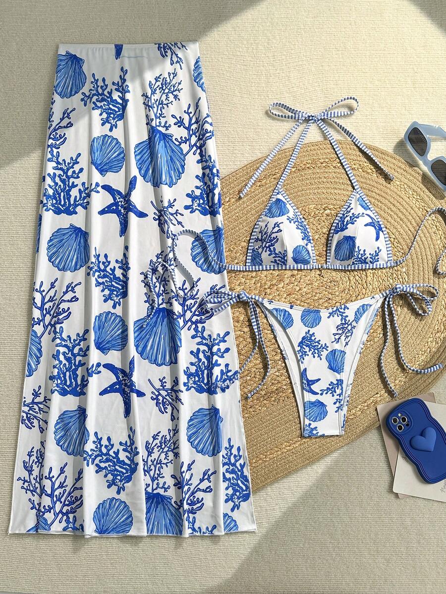 Swim Vcay 2026新款女款夏季海灘度假海星與貝殼印花露背細肩帶性感側綁帶高腰長裙3件式比基尼泳衣套裝 - 藍白色 - 查看 1